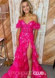 Mildred | A Line Tiered Sequin Red Long Prom Dress Stores Near Me - Hot Pink - PROMDRESS Club