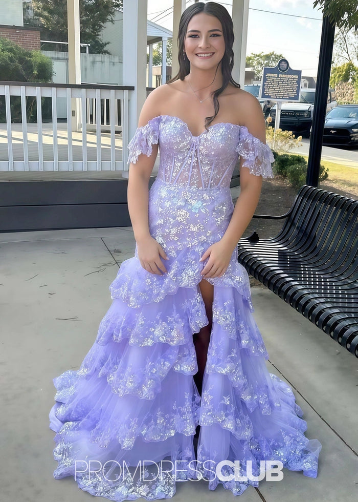 Mildred | A Line Tiered Sequin Red Long Prom Dress Stores Near Me - Price #price_variant_lowest# - Lavender - PromDressClub