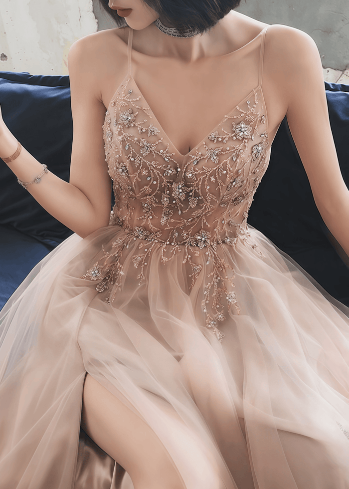Mirabelle | A - line Spaghetti Straps Tulle Long Corset Glitter Rhinestons Rose Gold Long Prom Dress With Beaded - Gold - PromDressClub