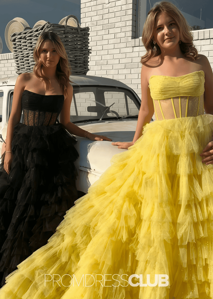 Miriam | Sparkle A Line Tiered Tulle Hot Pink Formal Dress Stores Near Me - Price #price_variant_lowest# - Black - PromDressClub