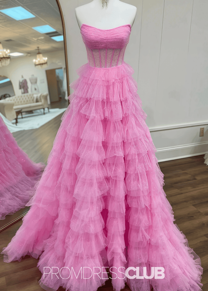 Miriam | Sparkle A Line Tiered Tulle Hot Pink Formal Dress Stores Near Me - Price #price_variant_lowest# - Pink - PromDressClub