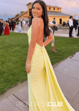 Molly | Mermaid Ruched Yellow Satin Maxi Formal Dress Stores Near Me - Yellow - PROMDRESS Club