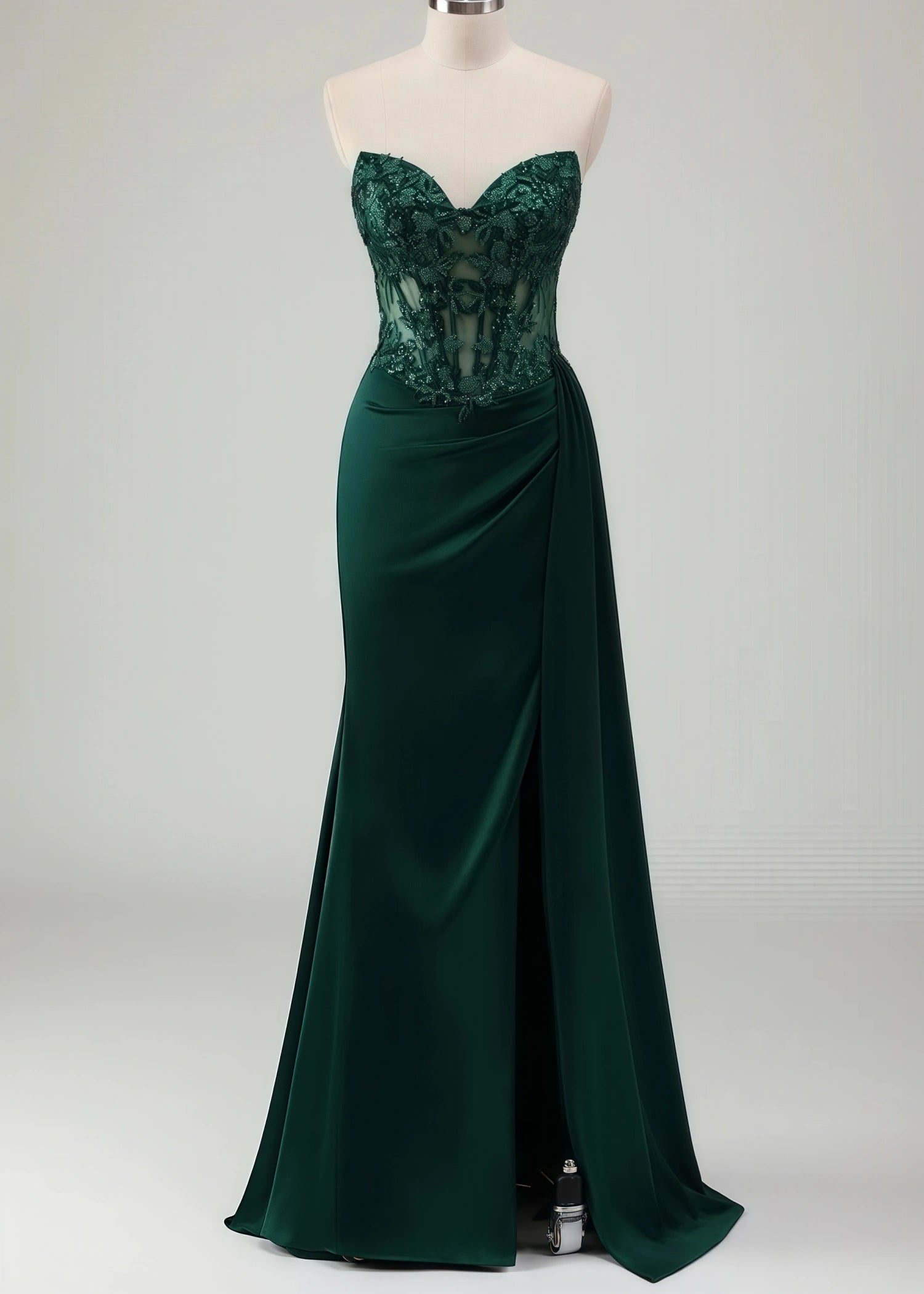 Molly | Mermaid Sweetheart Satin Corset Long Glitter Dark Green Prom Dress with Appliques - Dark Green - US0 - PromDressClub