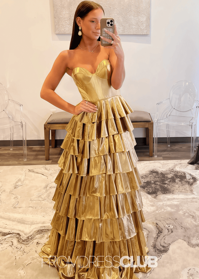 Mona | A Line Metallic Ruffle Tiered Ink Blue Long Prom Dress - Price #price_variant_lowest# - Gold - PromDressClub