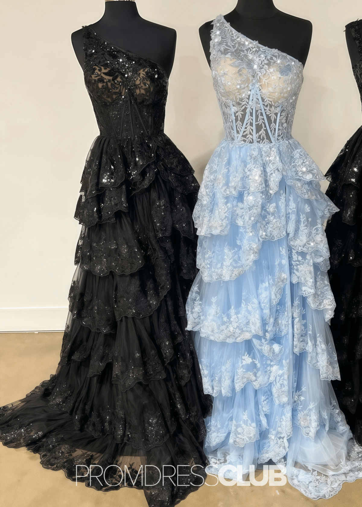 Monica | A Line Tiered Ruffle Black Tulle Sequin Long Prom Dress - Light Blue - PROMDRESS Club