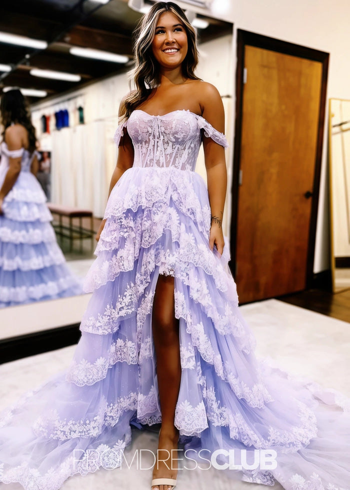 Myra | A Line Lace Appliques Light Pink Sequin Long Prom Dress - Price #price_variant_lowest# - Lavender - PromDressClub