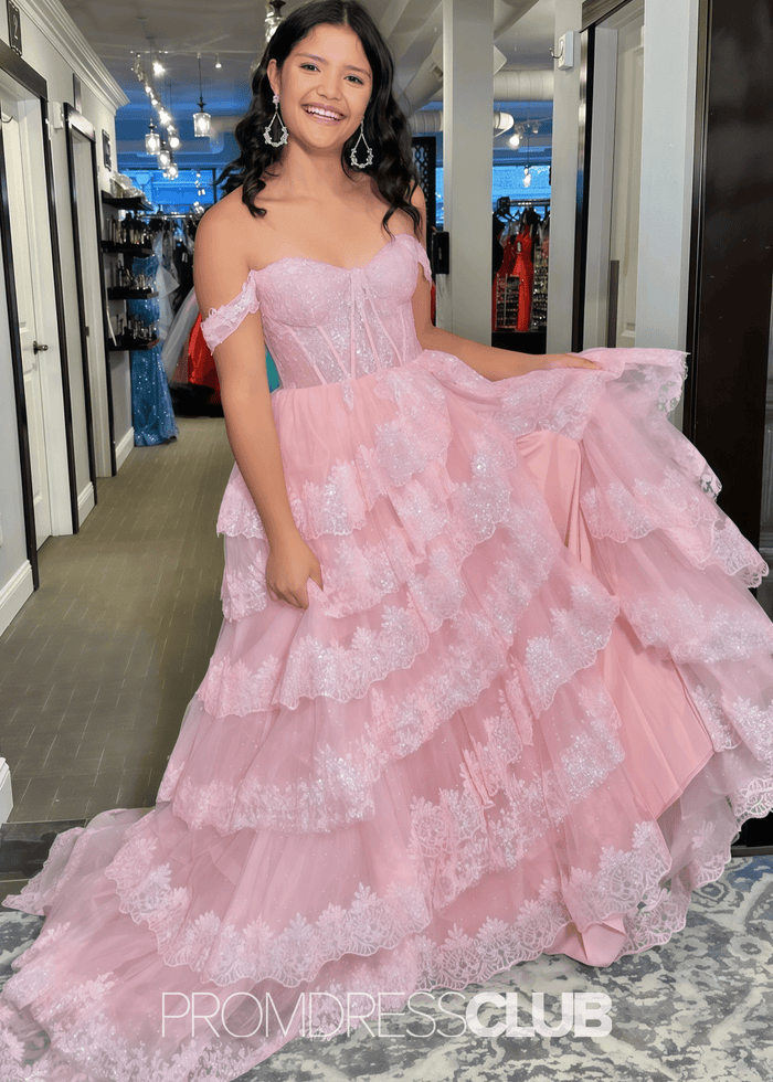 Myra | A Line Lace Appliques Light Pink Sequin Long Prom Dress - Price #price_variant_lowest# - Light Pink - PromDressClub