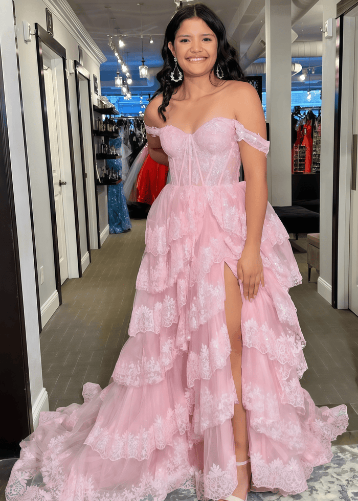 Myra | A Line Lace Appliques Light Pink Sequin Long Prom Dress - Price #price_variant_lowest# - Light Pink - PromDressClub