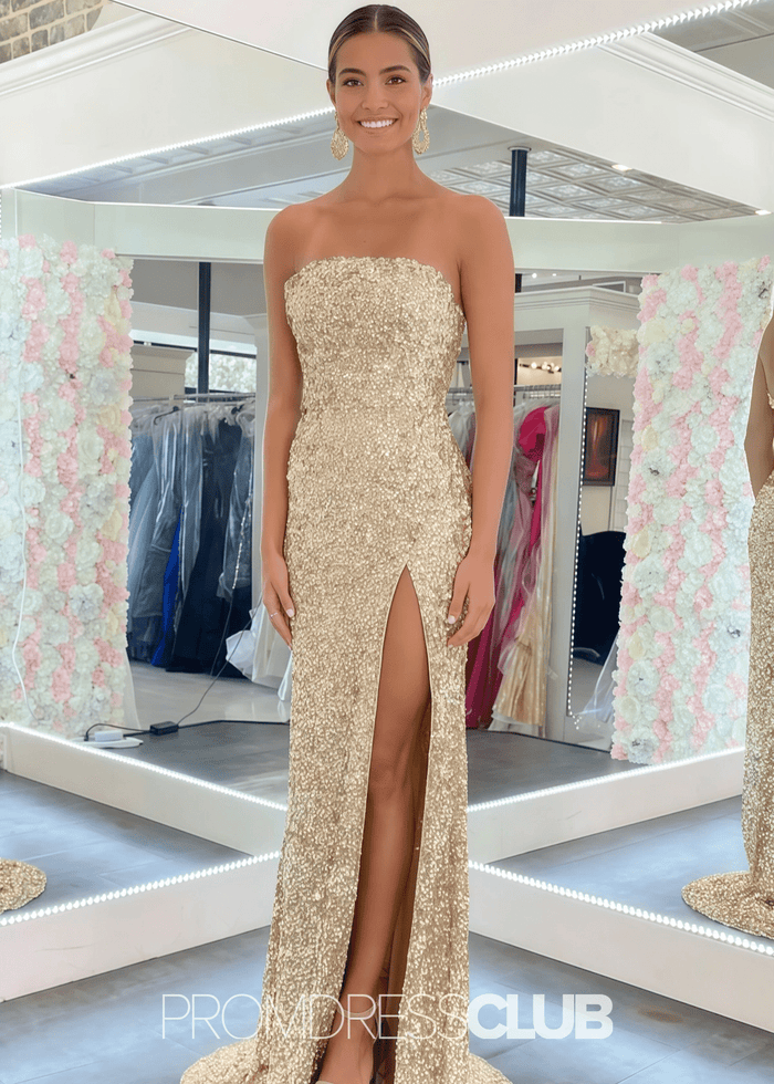 Natalie | Sparkly Mermaid Strapless Red Sequin Long Prom Dress - Price #price_variant_lowest# - Gold - PromDressClub