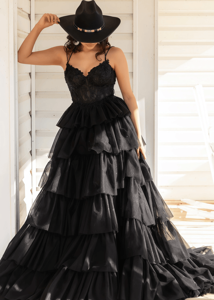 Natividad | A Line Tiered Ruffle Black Long Prom Dress - Price #price_variant_lowest# - Black - PromDressClub