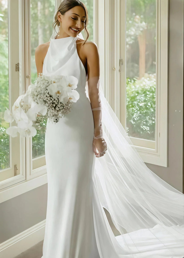 Natividad | Elegant Modest Halter Neck Satin Mermaid Wedding Dress for Outdoor Weddings - White - PromDressClub