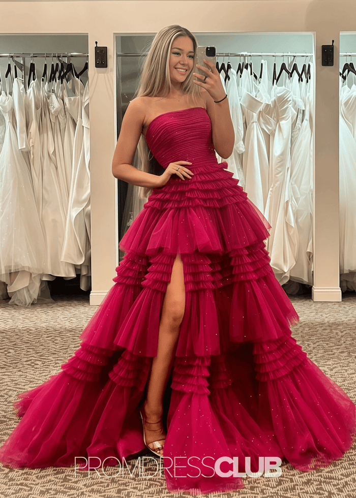 Nelly |A Line Tiered Tulle Champagne Maxi Prom Dress - Price #price_variant_lowest# - Hot Pink - PromDressClub