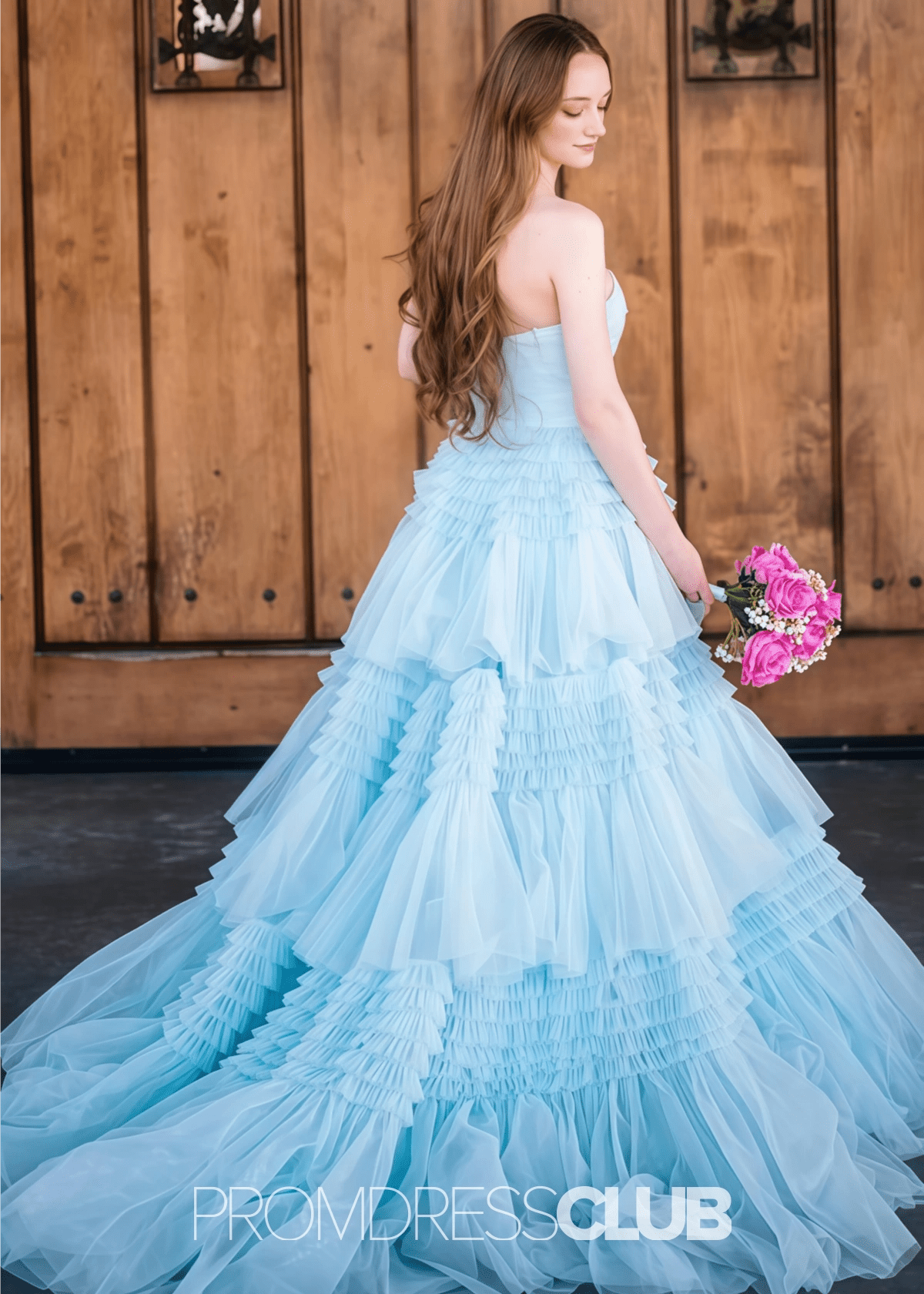 Nelly |A Line Tiered Tulle Champagne Maxi Prom Dress - Light Blue - PROMDRESS Club