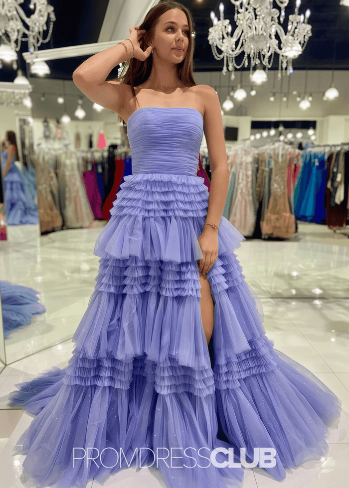 Nelly |A Line Tiered Tulle Champagne Maxi Prom Dress - Price #price_variant_lowest# - Lilac - PromDressClub