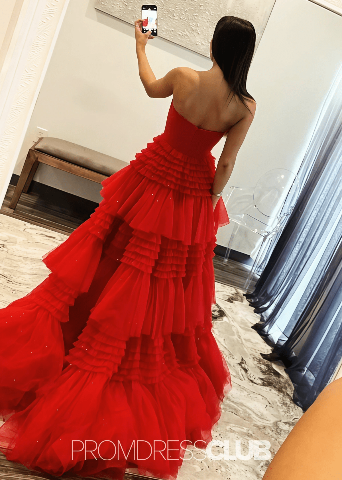 Nelly |A Line Tiered Tulle Champagne Maxi Prom Dress - Red - PROMDRESS Club