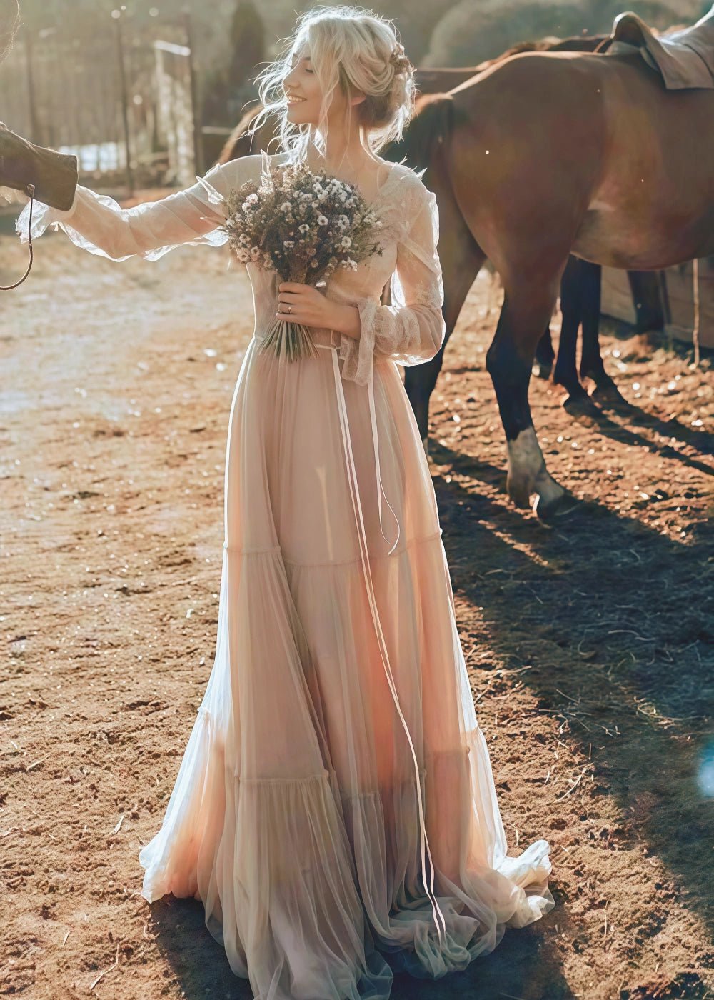 Nelly | Bohemian A Line Long Sleeve Lace and Tulle Wedding Dress - Perfect for Rustic Weddings - Ivory - PromDressClub