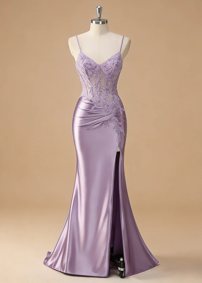Niamh Beaded Purple Lace Dress Prom | Mermaid Spaghetti Strap V - Neck Pleated Satin Formal Dress with Slit - Lilac - PromDressClub