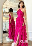 Nicole |Long Red Prom Dresses Near Me With Halter Tulle Tiered A Line - Fuchsia - US0 - PromDressClub