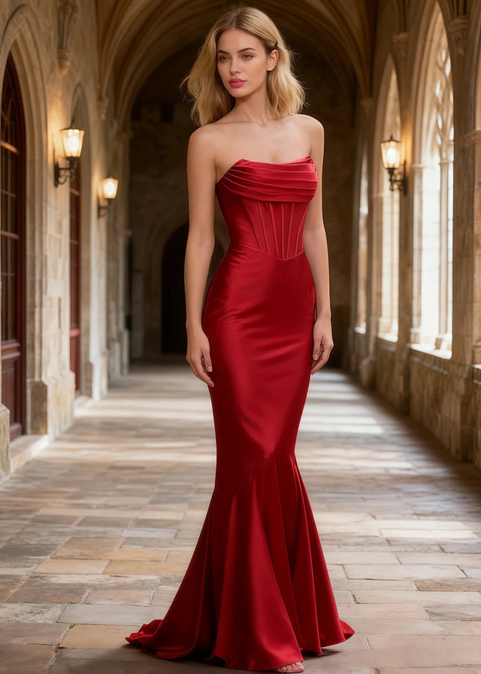 Nora Burgundy Strapless Corset Prom Dress | Mermaid Cowl Neck Floor Length Dress with Ruffled Slits - US0 - PromDressClub