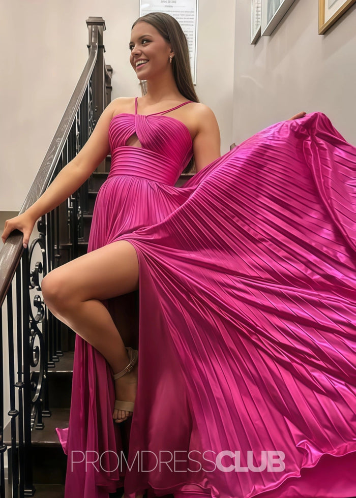 Nora |Long Gold Prom Dress Metallic With Spaghetti Strap Slit - Fuchsia - PromDressClub