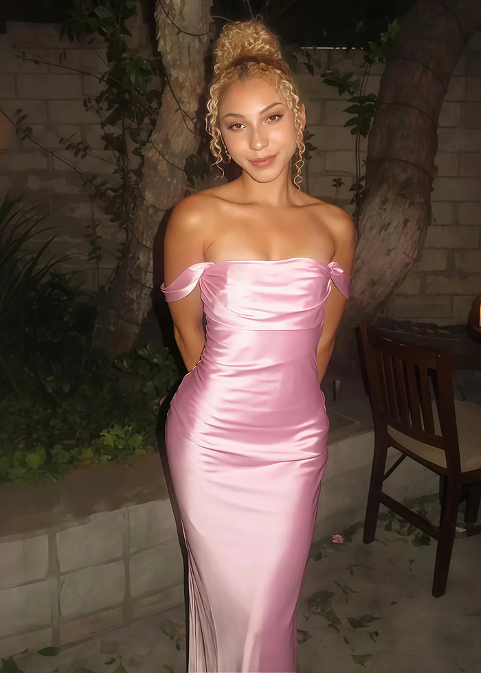 Nora Women's Light Pink Off the Shoulder Dress for Prom | Sheath Strapless Satin Floor Length Formal Dress - Light Pink - PromDressClub