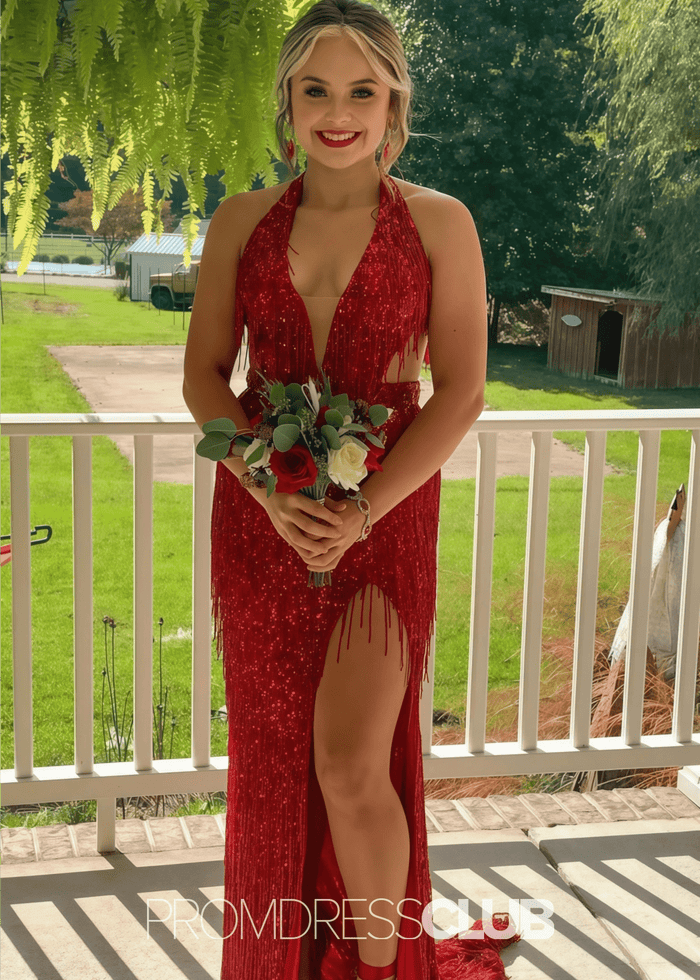 Norma | Mermaid Sequin Fringe Hot Pink Long Cocktail Dress - Price #price_variant_lowest# - Red - PromDressClub