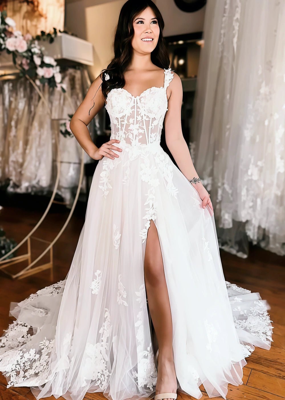 Norma | Off the Shoulder Sweetheart Neck Lace Appliques Wedding Dress with Slit - White - PromDressClub