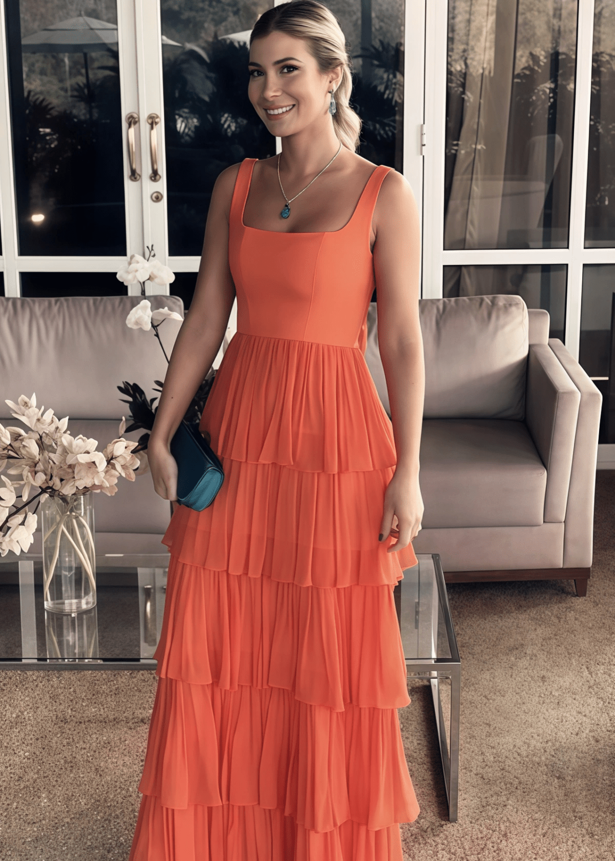 Nydia | Elegant A Line Square Layered Orange Satin Long Prom Dress - Orange - PROMDRESS Club