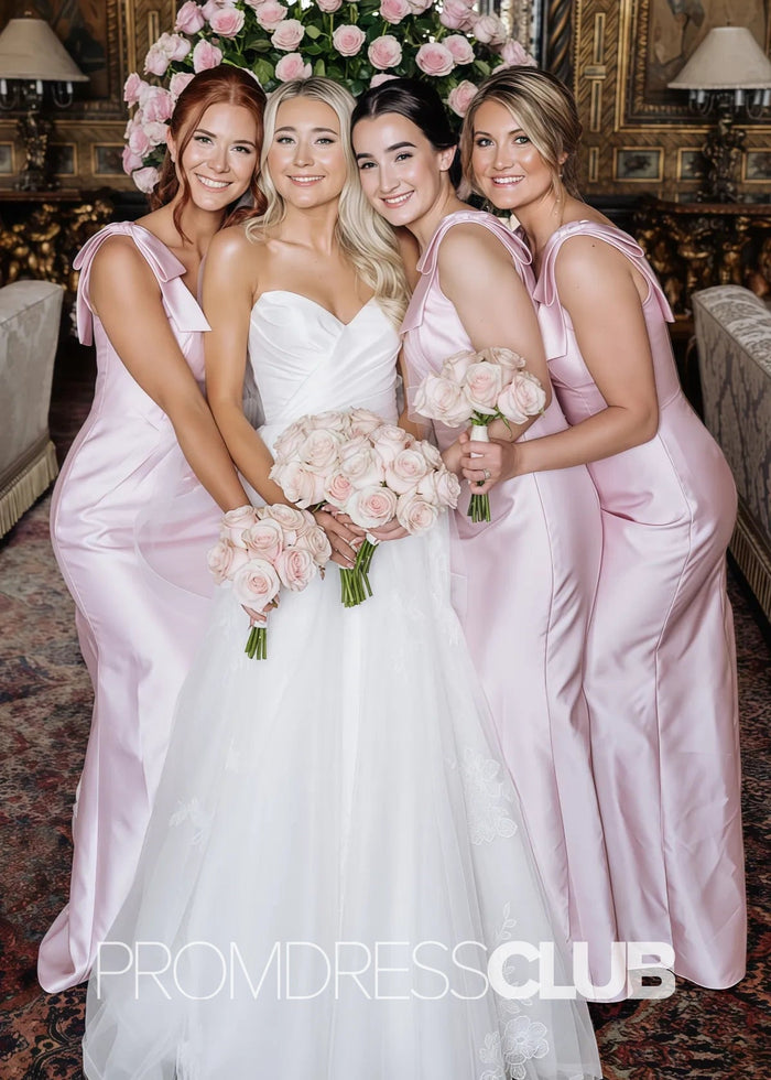 Octavia | Long Pink Bridesmaid Dress With Satin Boho Bow Mermaid Straps - Price #price_variant_lowest# - Pink - PromDressClub