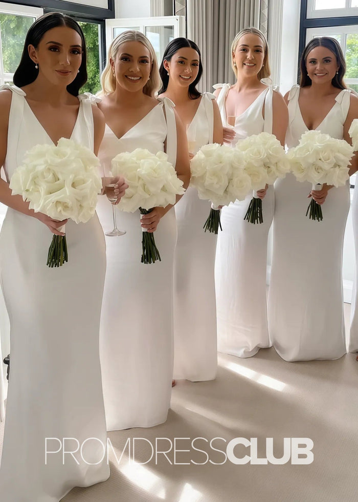 Octavia | Long Pink Bridesmaid Dress With Satin Boho Bow Mermaid Straps - Price #price_variant_lowest# - White - PromDressClub