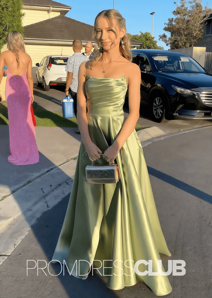 Odelia |Long Hot Pink Prom Dresses Shops With A Line Strapless Satin Long Formal Gown - Price #price_variant_lowest# - Sage - PromDressClub