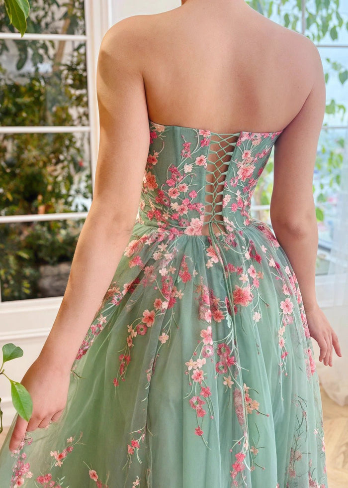 Odette | Gorgeous Sage Green Corset Strapless Backless Floral Midi Prom Dress - Sage - PromDressClub