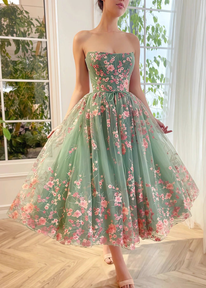 Odette | Gorgeous Sage Green Corset Strapless Backless Floral Midi Prom Dress - Sage - PromDressClub