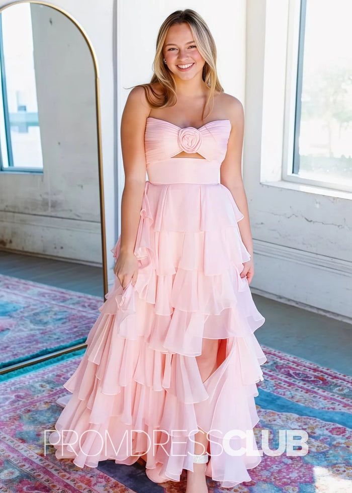 Olga |Black Long Prom Dresses Store With A - Line Strapless Tiered Chiffon V - Neck Layered - Price #price_variant_lowest# - Pink - PromDressClub