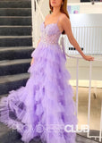 Olive |Long Lilac Prom Dresses Shops With A - Line Tiered Layered Tulle Spaghetti Straps V - Neck - Lilac - PromDressClub