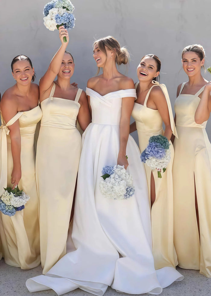 Olivia | A - Line Light Yellow Satin Long Bridesmaid Dress - Price #price_variant_lowest# - Yellow - PromDressClub