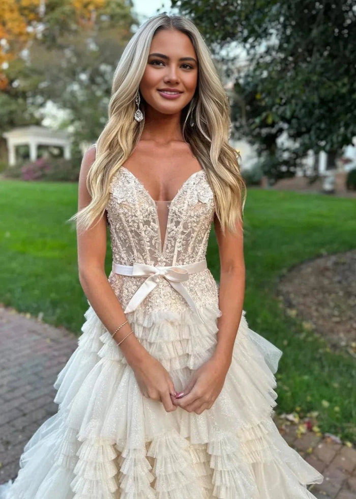 Ophelia | Stunning Light Pink Off the Shoulder Corset Ruffle Prom Dress with Bow - Ivory - PromDressClub