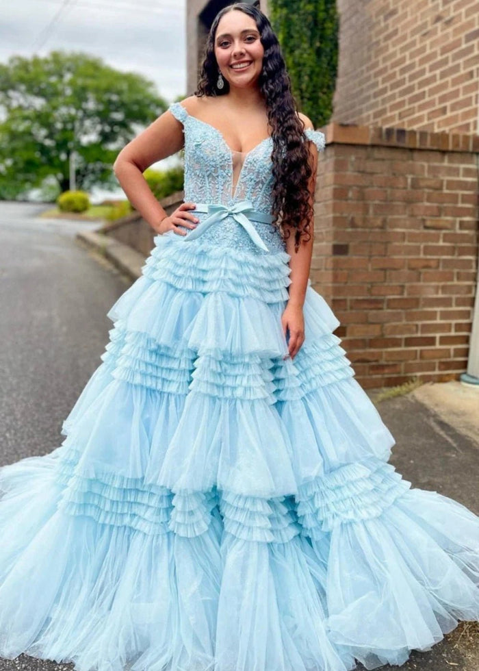 Ophelia | Stunning Light Pink Off the Shoulder Corset Ruffle Prom Dress with Bow - Light Blue - PromDressClub