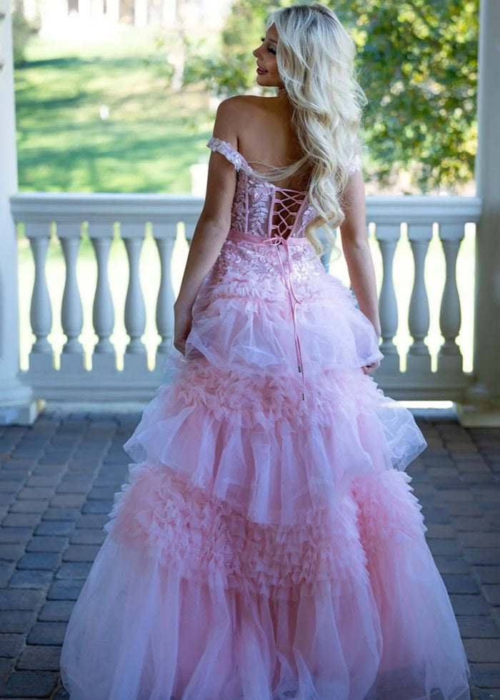 Ophelia | Stunning Light Pink Off the Shoulder Corset Ruffle Prom Dress with Bow - Light Pink - PromDressClub
