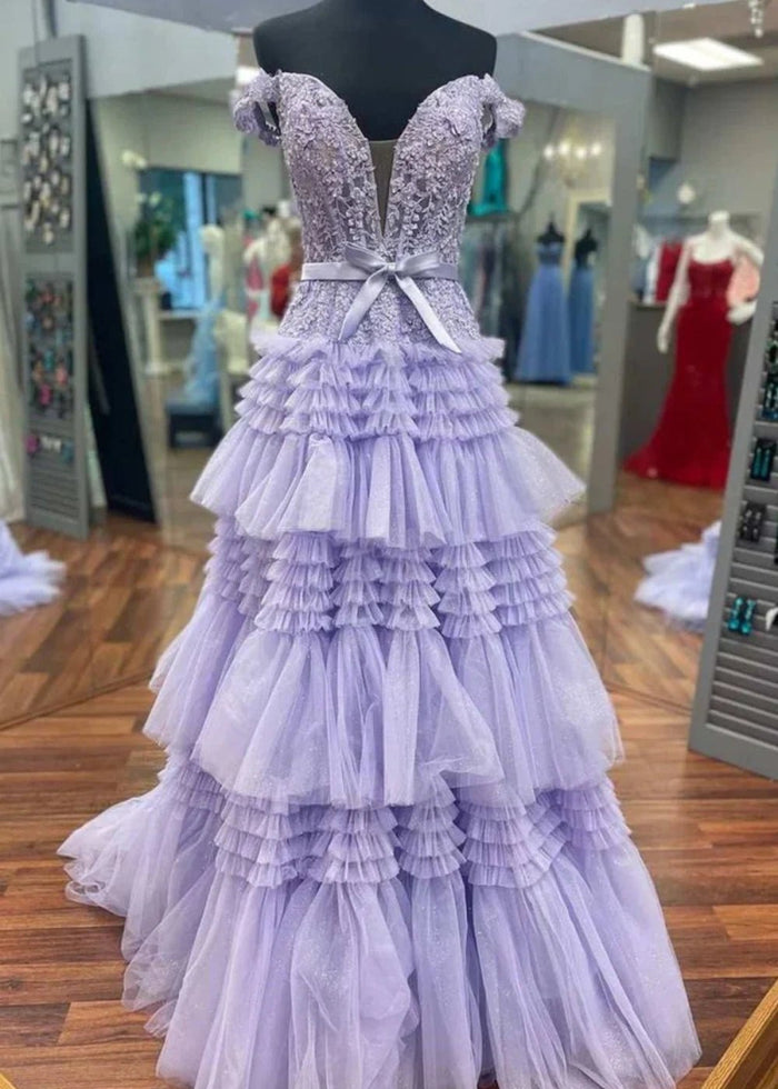 Ophelia | Stunning Light Pink Off the Shoulder Corset Ruffle Prom Dress with Bow - Lilac - PromDressClub