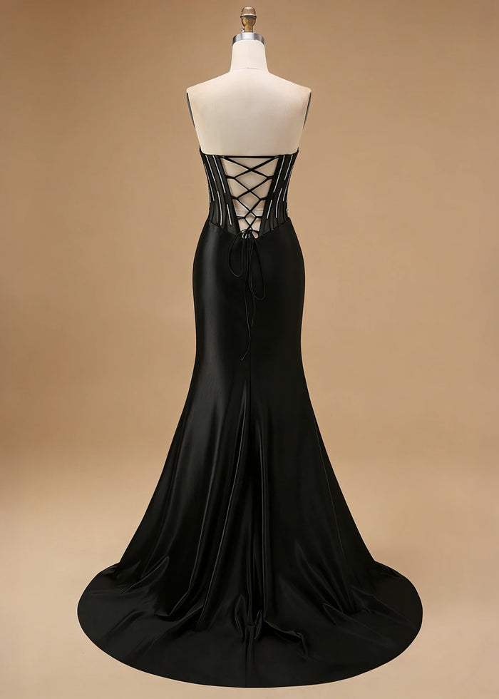 Orla Strapless Black Beaded Prom Dress | Mermaid Corset Sweetheart Neckline Pleated Formal Dress with Slit - Black - PromDressClub