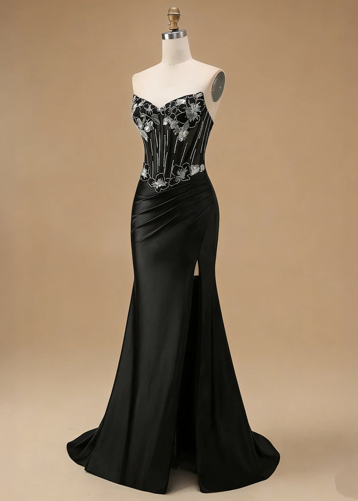Orla Strapless Black Beaded Prom Dress | Mermaid Corset Sweetheart Neckline Pleated Formal Dress with Slit - Black - PromDressClub