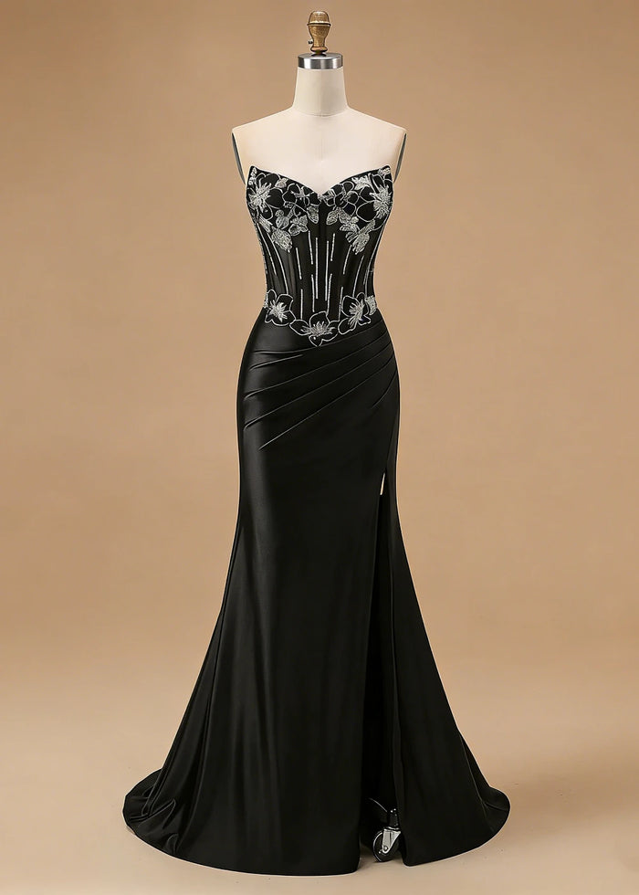 Orla Strapless Black Beaded Prom Dress | Mermaid Corset Sweetheart Neckline Pleated Formal Dress with Slit - Black - PromDressClub