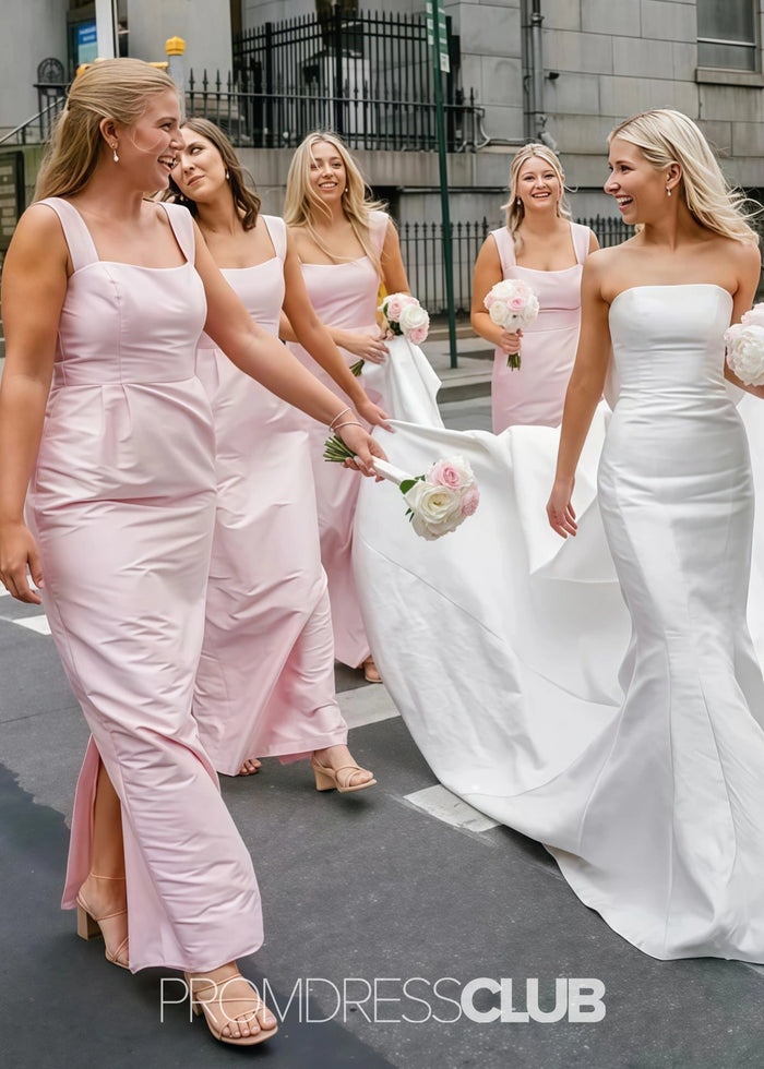 Pag | Sheath Column Light Pink Satin Midi Bridesmaid Dress - Price #price_variant_lowest# - Light Pink - PromDressClub