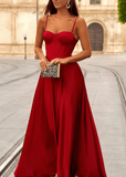 Patricia | A Line Pleated Corset Red Satin Long Bridesmaid Dress Near Me - Red - PROMDRESS Club