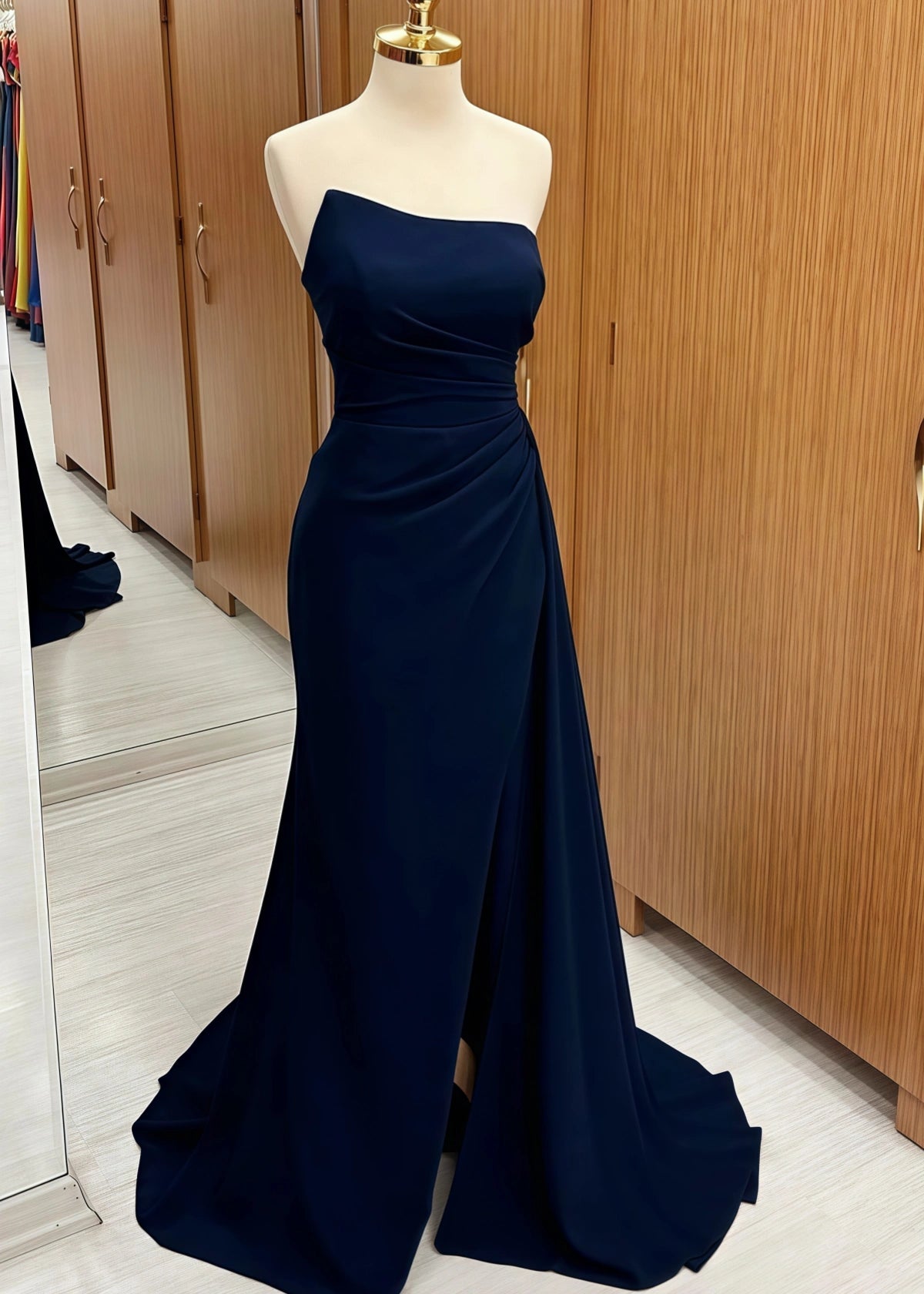 Paula | Mermaid Strapless Ruched Corset Navy Blue Satin Maxi Bridesmaid Dress - Navy Blue - PROMDRESS Club