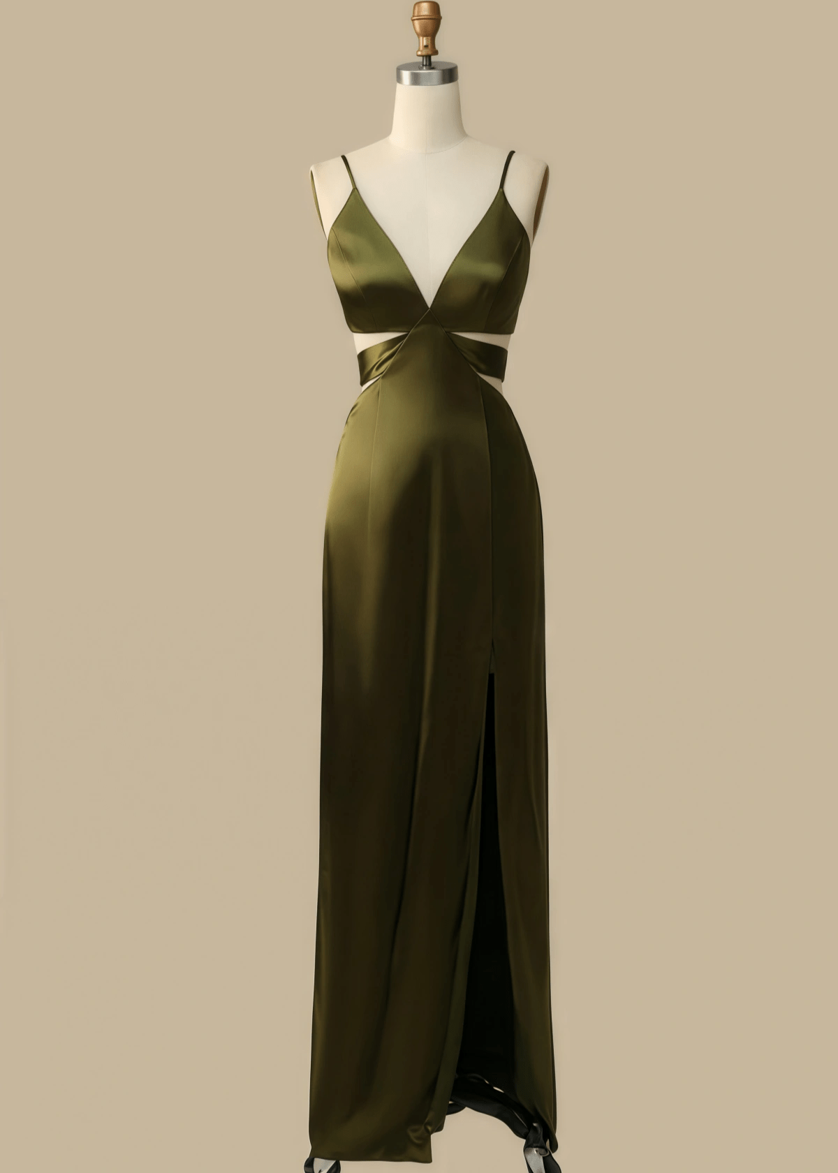 Pearl | A Line Cutout Olive Green Satin Long Bridesmaid Dress with - Olive Green - PROMDRESS Club