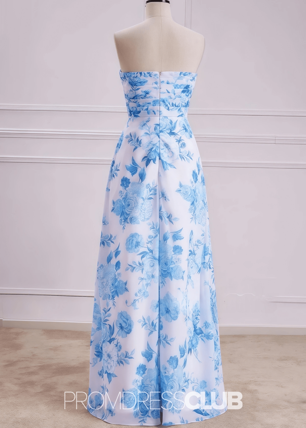 Penny | White Blue Floral Print Mermaid Strapless Long Bridesmaid Dress - Blue Floral - PROMDRESS Club