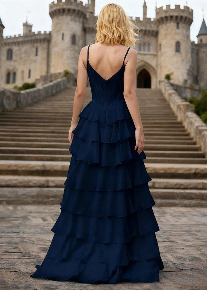 Penumbra Navy Blue Corset Ruffle Prom Dress | A - Line Cowl Neck Lace Tiered Pleated Dress with Slit - US0 - PromDressClub