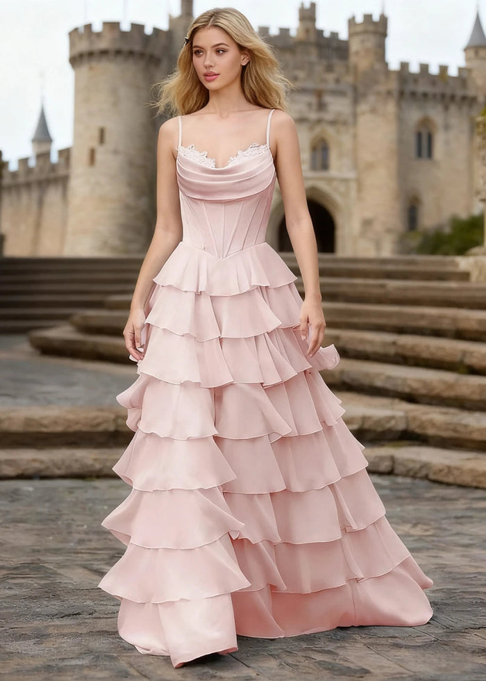 Penumbra Powder Pink Corset Ruffle Prom Dress | A - Line Cowl Neck Lace Tiered Pleated Dress with Slit - US0 - PromDressClub
